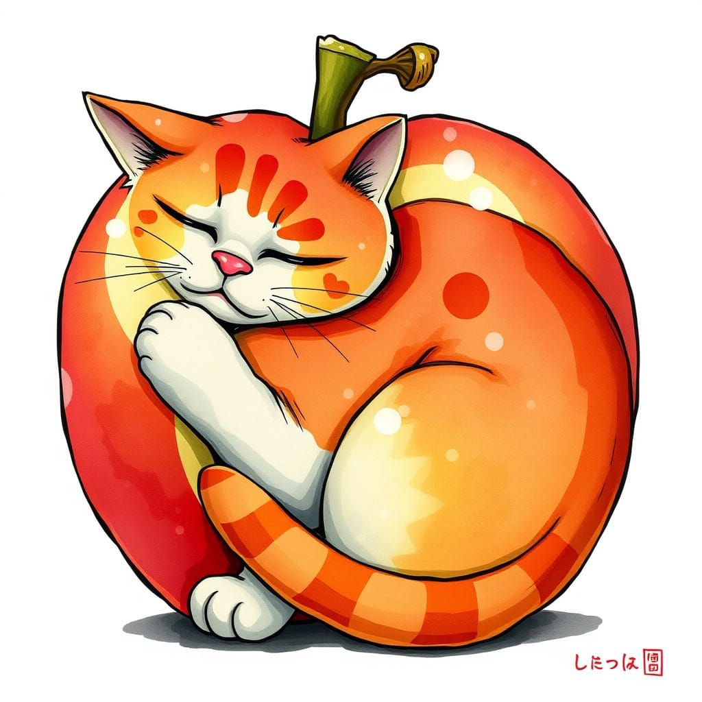 Whimsical Apple Cat Manga Art