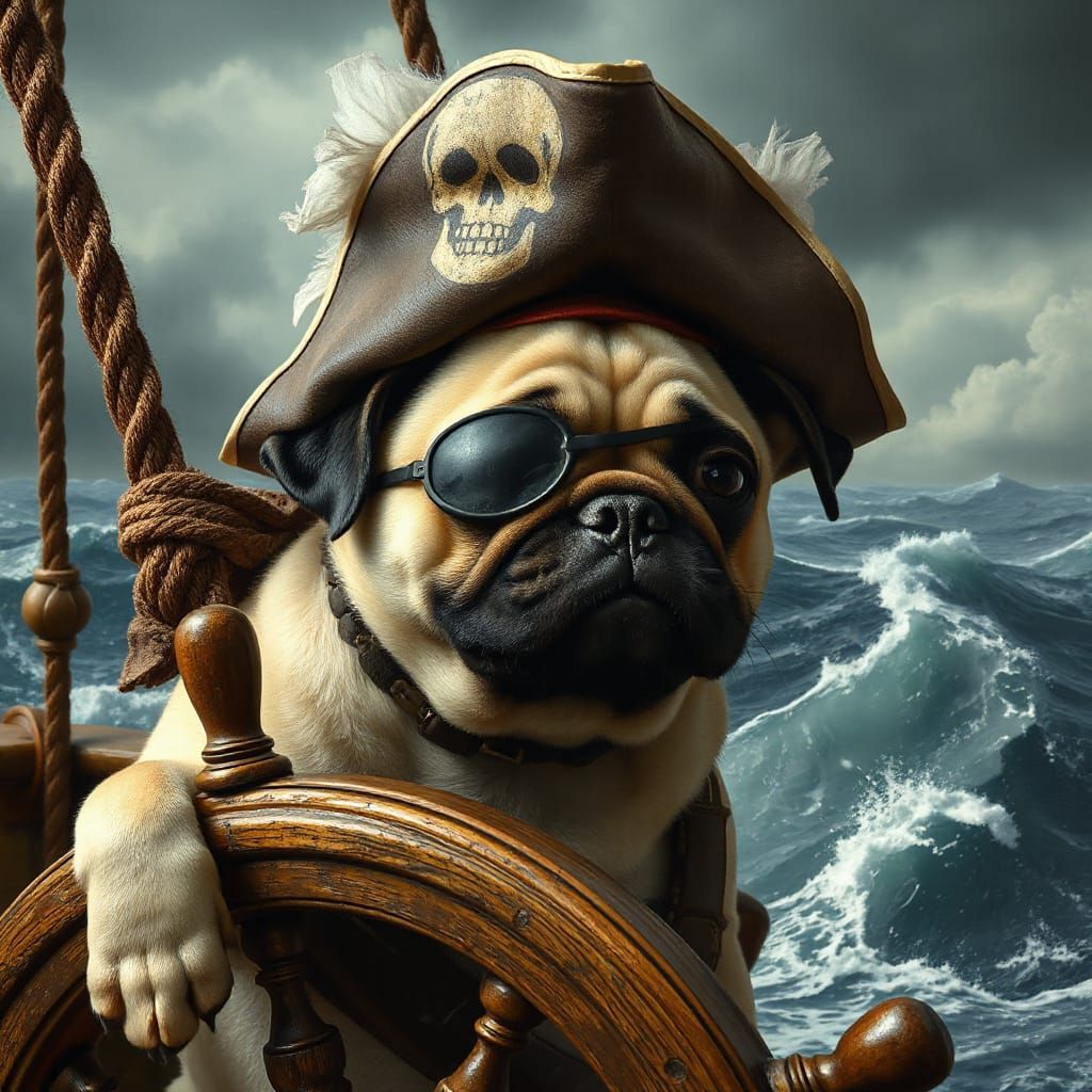 Pug Pirate at Stormy Sea, Rembrandt-Inspired Lighting