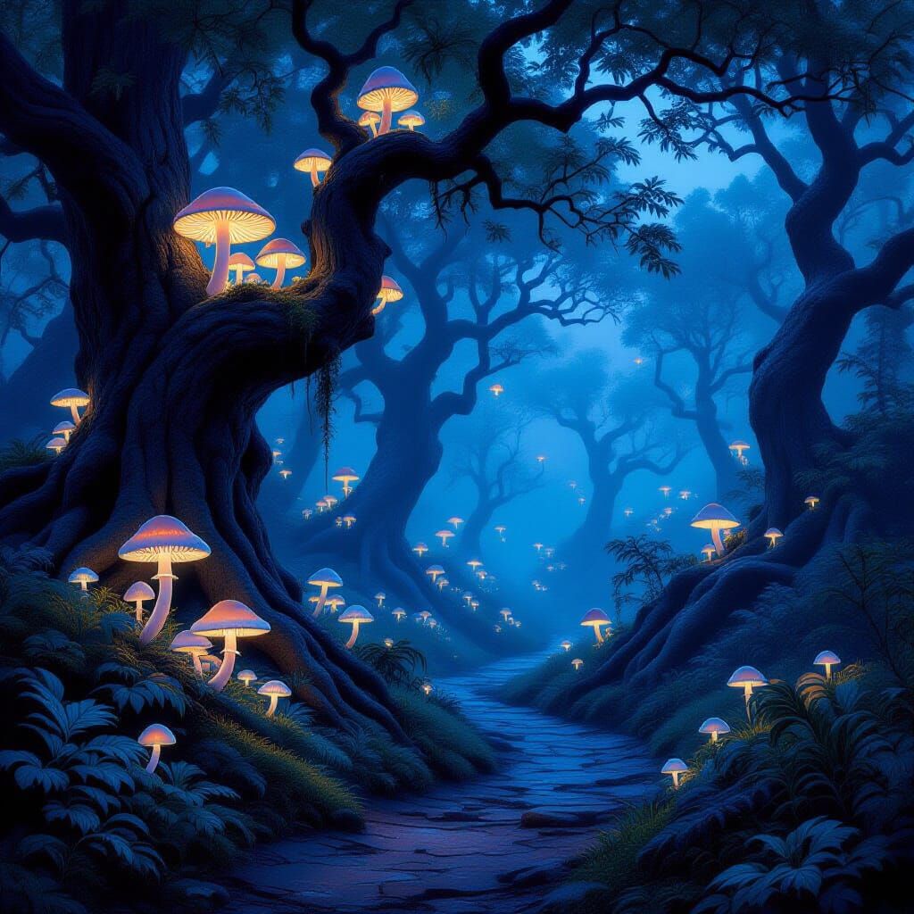 Bioluminescent Fungal Forest at Twilight Digital Painting