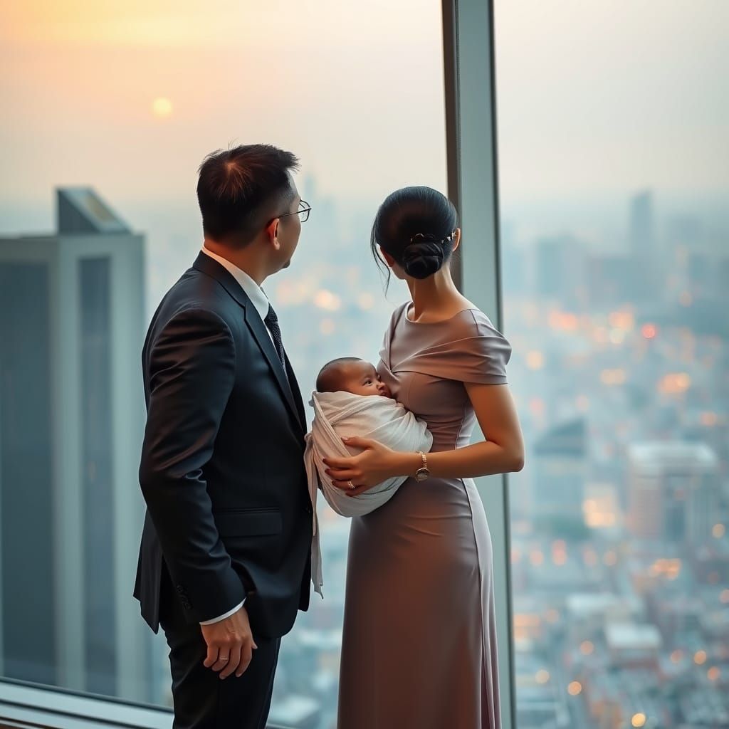 Family Gazing from Futuristic Tower at Sunset