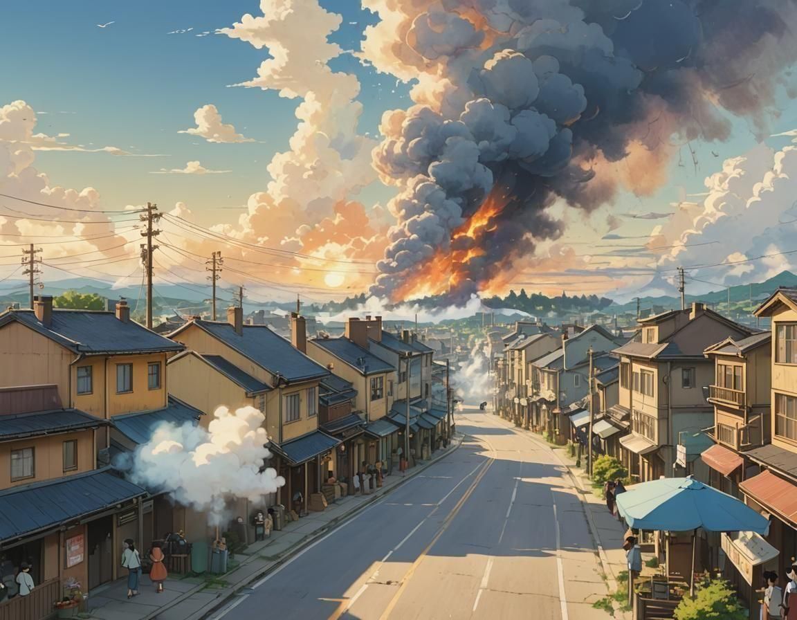 Distant Town Fire: Ghibli-Style Anime Visual
