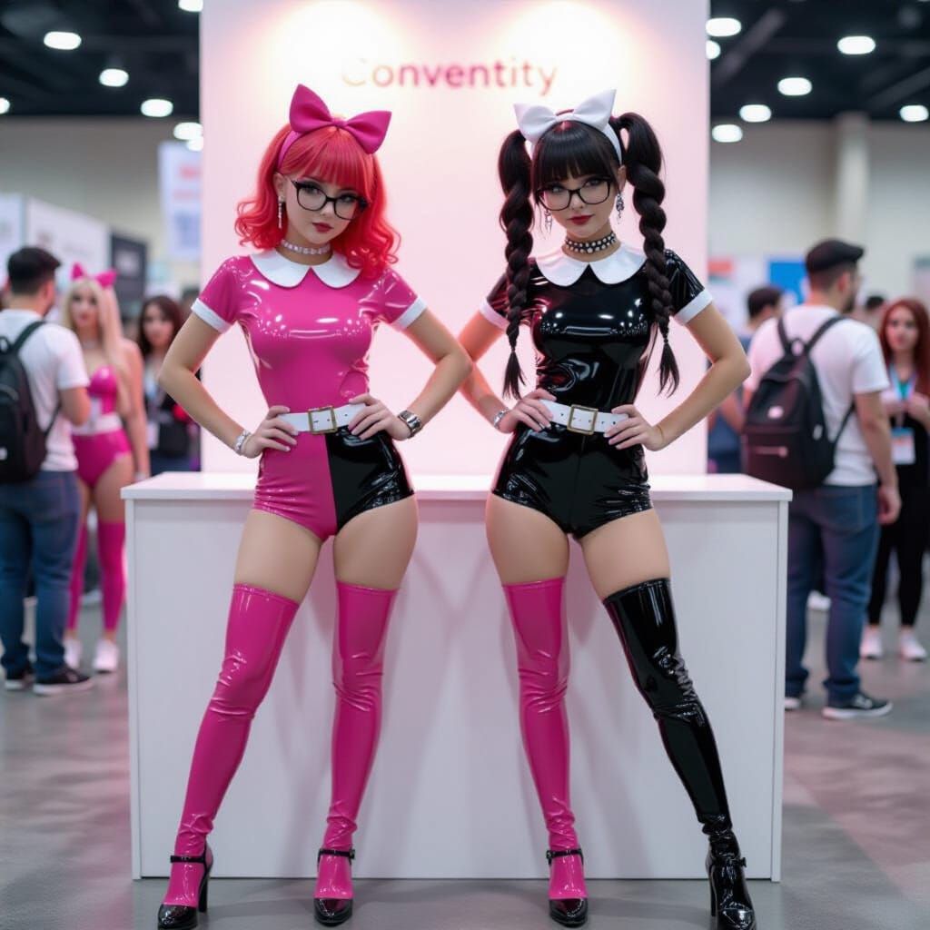 Cosplay Duo in Pink and Black Latex at Convention