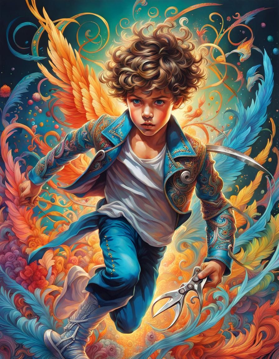 Boy Running with Scissors in Rococo-Nouveau Style