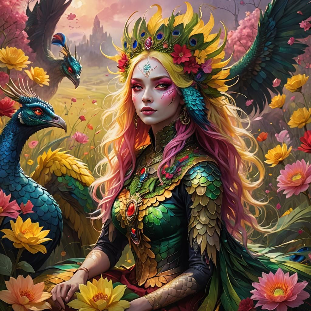 Dragon Peacock Woman in Fantasy Landscape