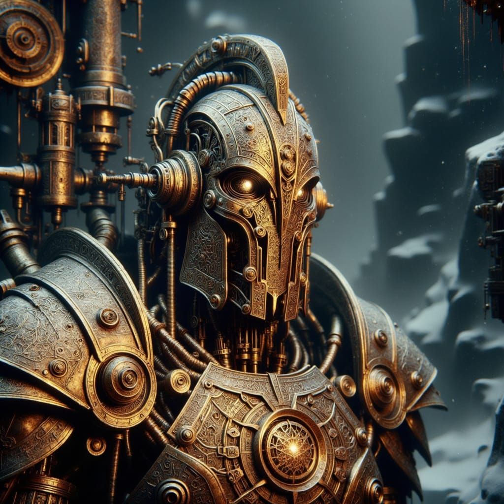 Ethereal Dwemerpunk Engine in Frost-Kissed Skyrimscape