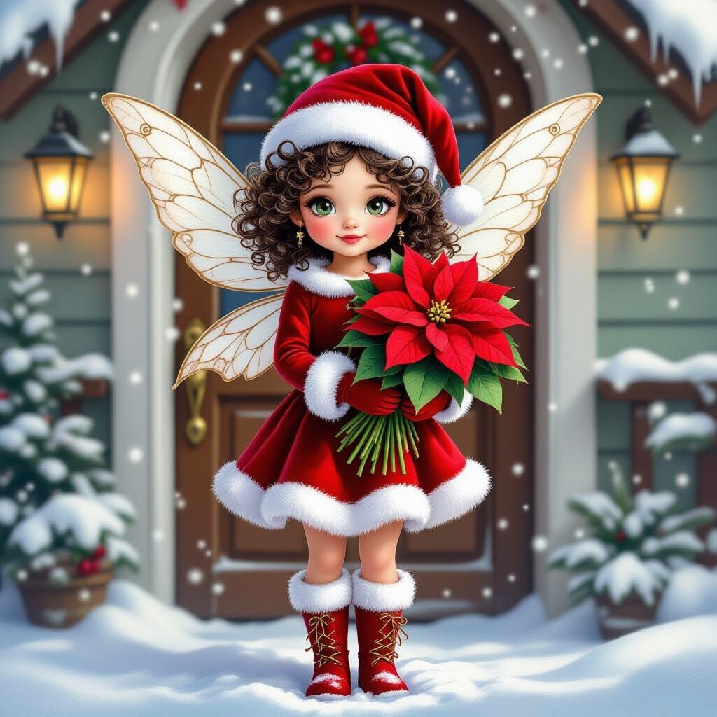 An adorable whimsical yet realistic fairy dressed in a velour red Santa dress and hat, boots curly dark hair, beautiful ...