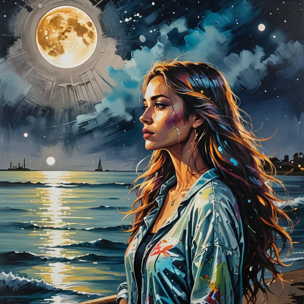 Woman Gazing at Moon in Vibrant Street Art