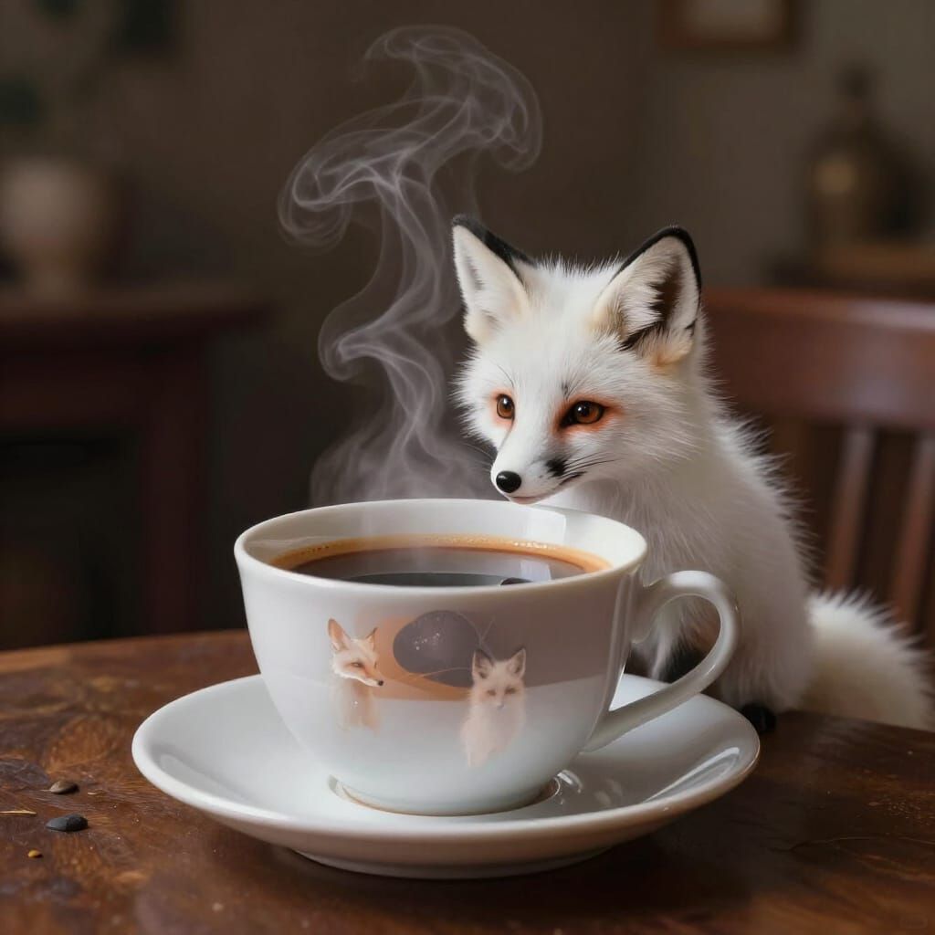 Tiny Fox Reflects in Coffee, Magical Realism Style