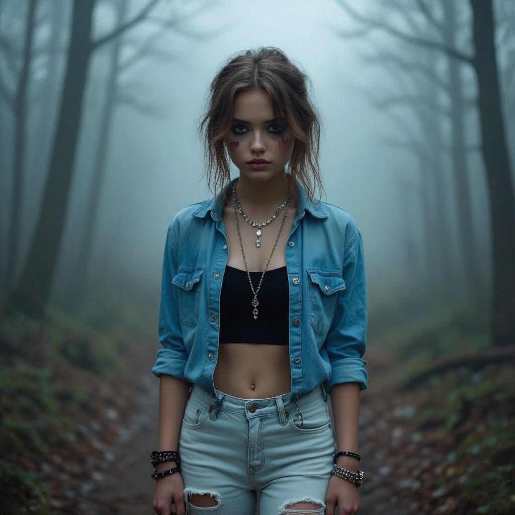 Gothic Girl in Foggy Forest Cinematic Film Still