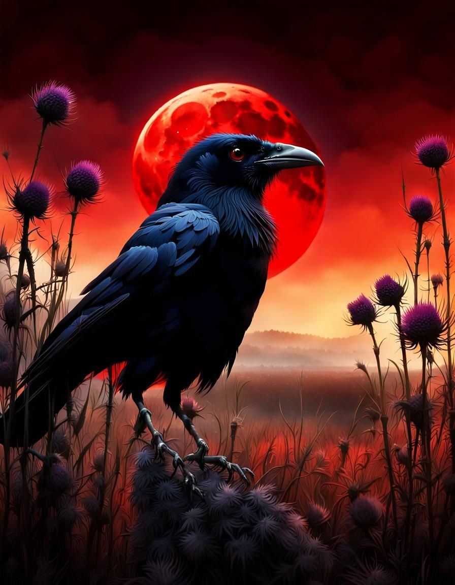 Surreal Crow Portrait with Red Moon