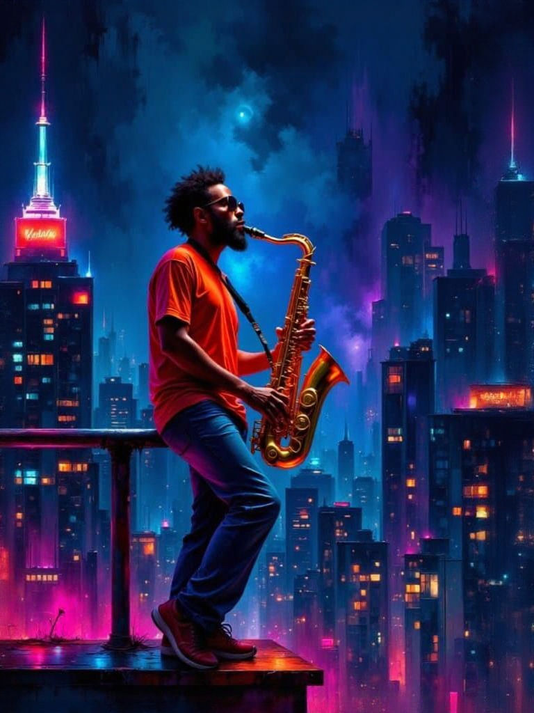 Jazz Musician's Neon Night: Impasto Style Cityscape