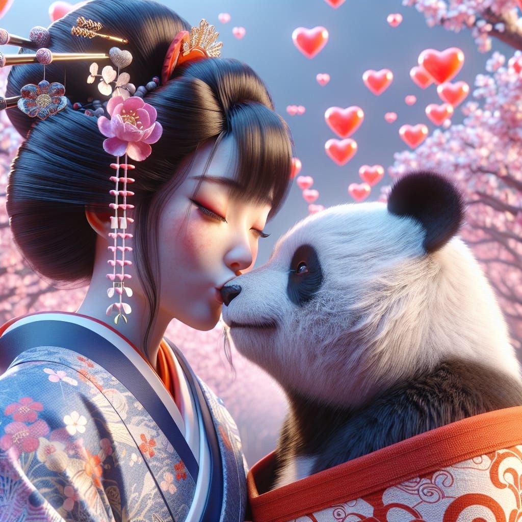 Geisha and Panda Kiss in Japanese Anime Style