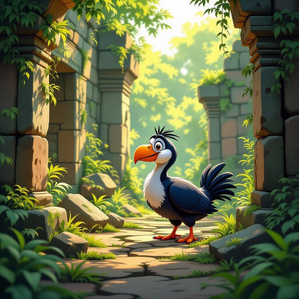 Cartoon Dodo Exploring Temple Ruins in Ghibli Style