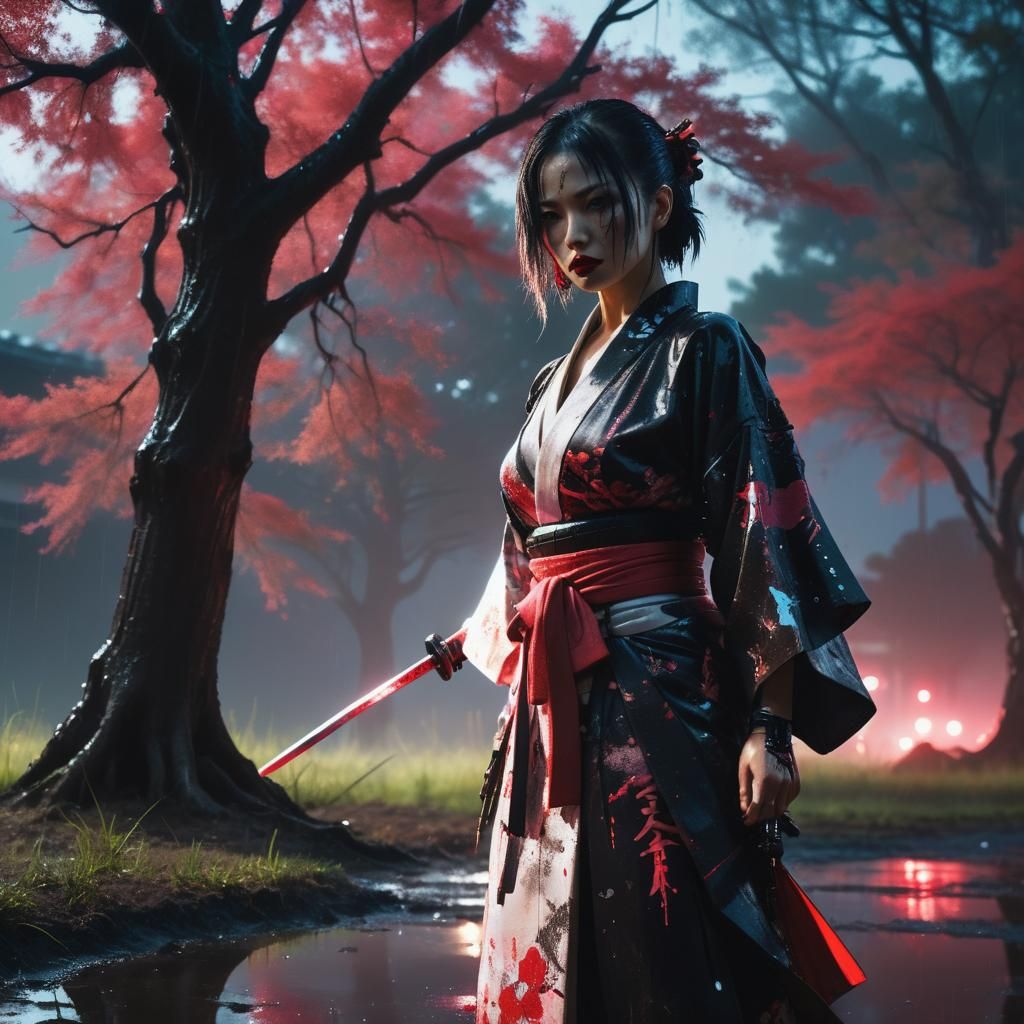 Cyberpunk Assassin with Katana in Neon Shadows