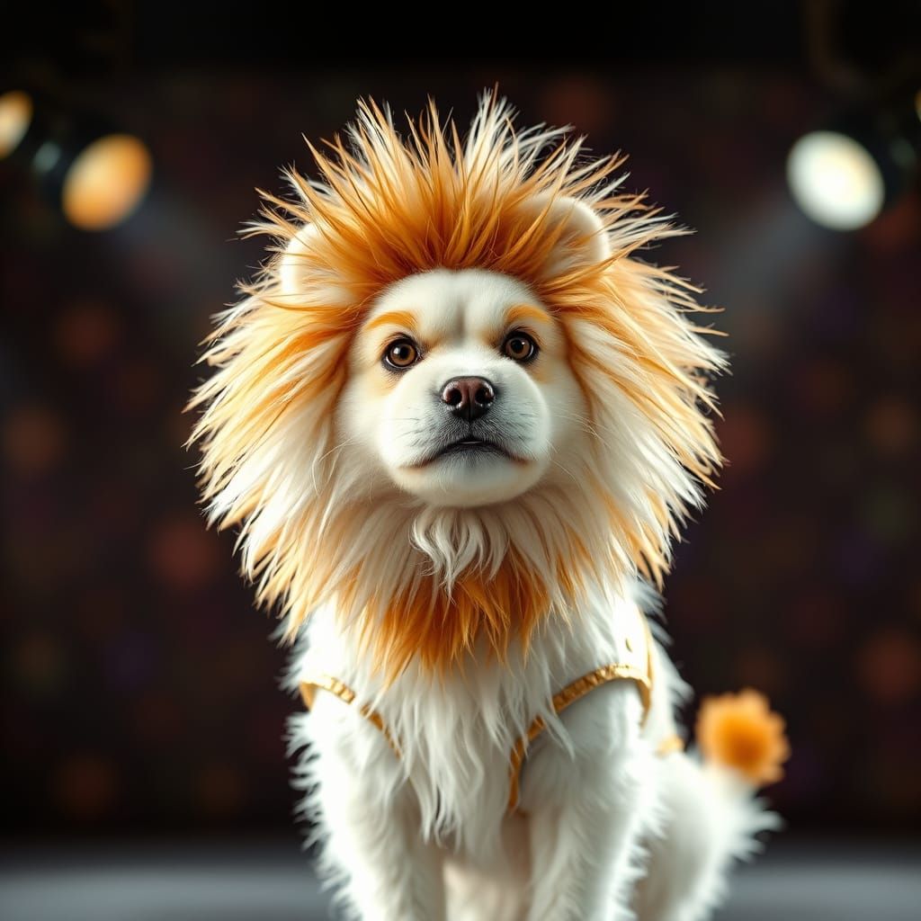 Fluffy White Dog in Regal Lion Costume