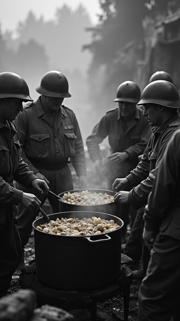 World War II GIs Share Potato Meal in Black and White