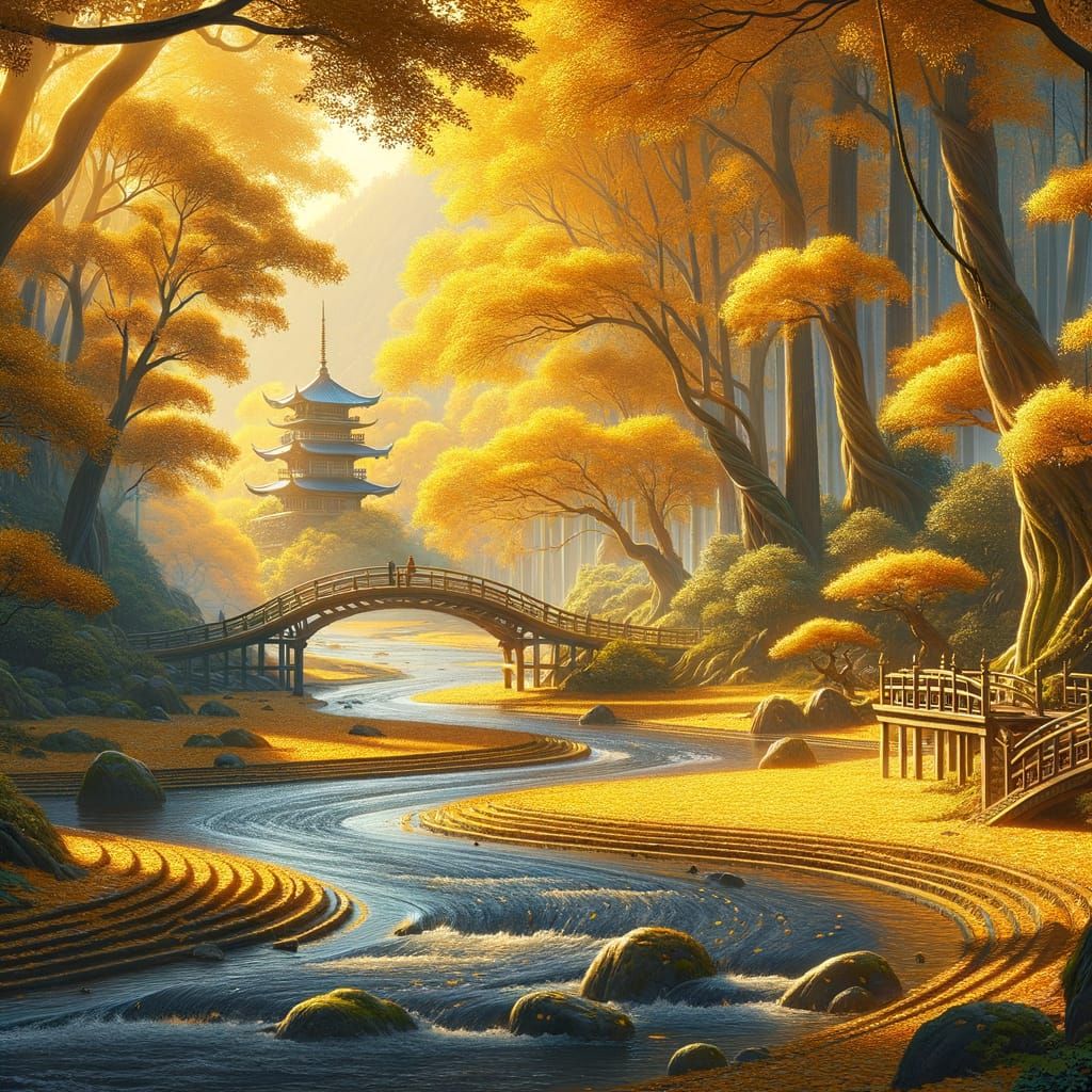 Autumn Forest River Pagoda in Fantasy Landscape Style