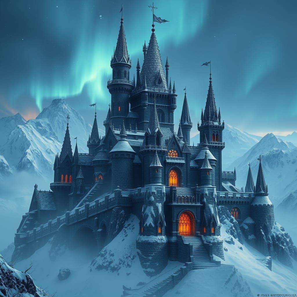 Majestic Black Castle in Frosty Landscape