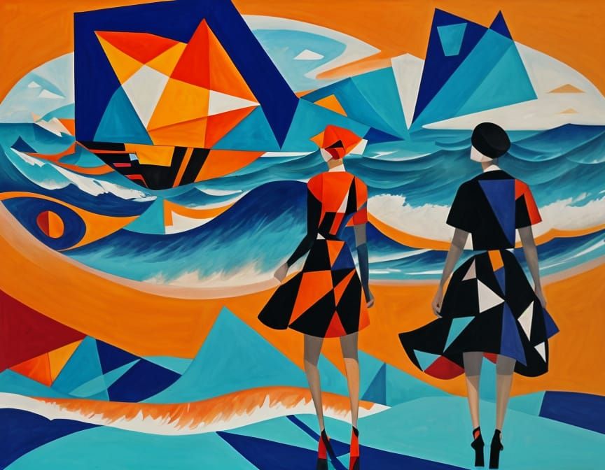 Cubist Sunset Over the Ocean Painting