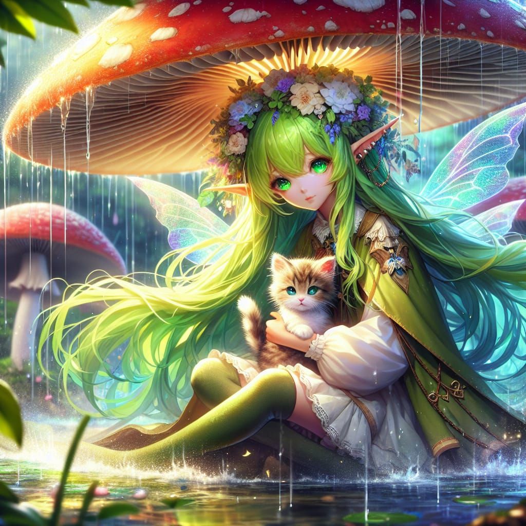 Anime Fairy Girl Sheltering Kitten Under Mushroom