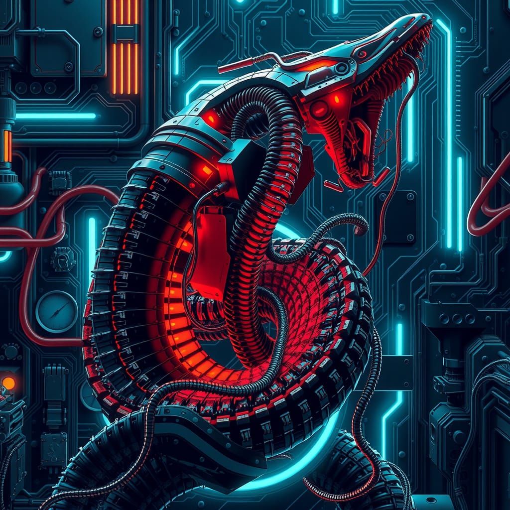Cyberpunk Ouroboros in Industrial Neon Setting