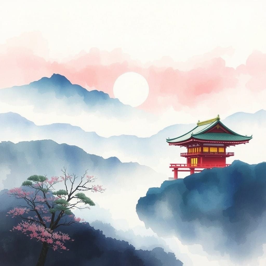 Watercolour.  Soothing Japanese landscape. Dreamlike.