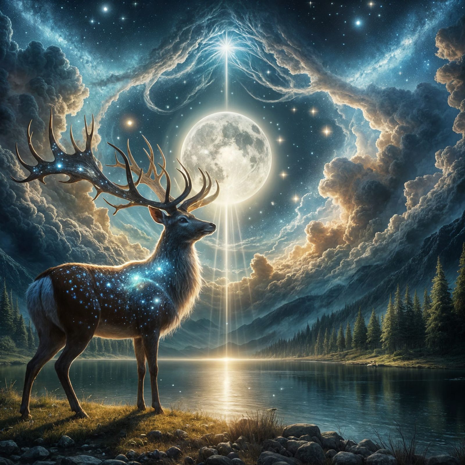 Majestic Mythical Deer Gazing at Moonlit Sky