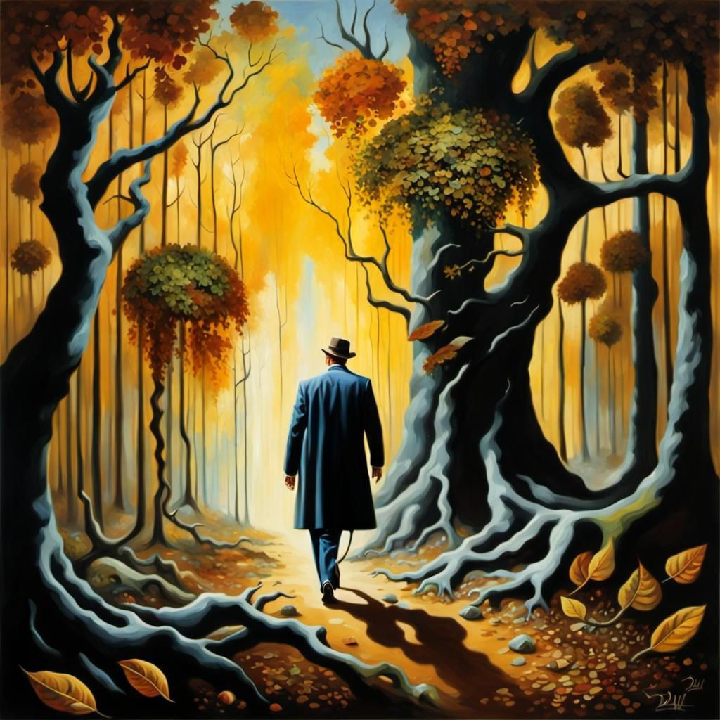 Psionic Character in Sunlit Forest, Surreal Oil Painting
