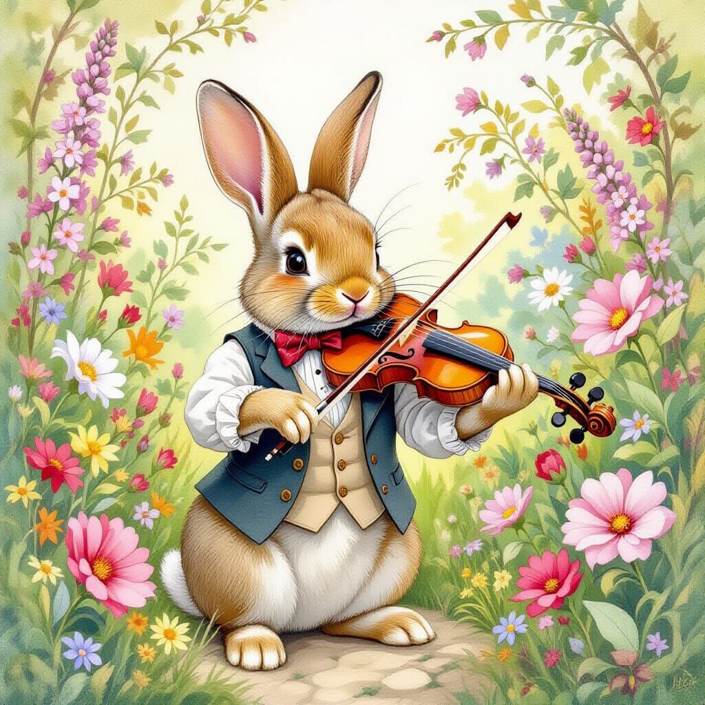 Bunny Rabbit Violinist in Whimsical Garden