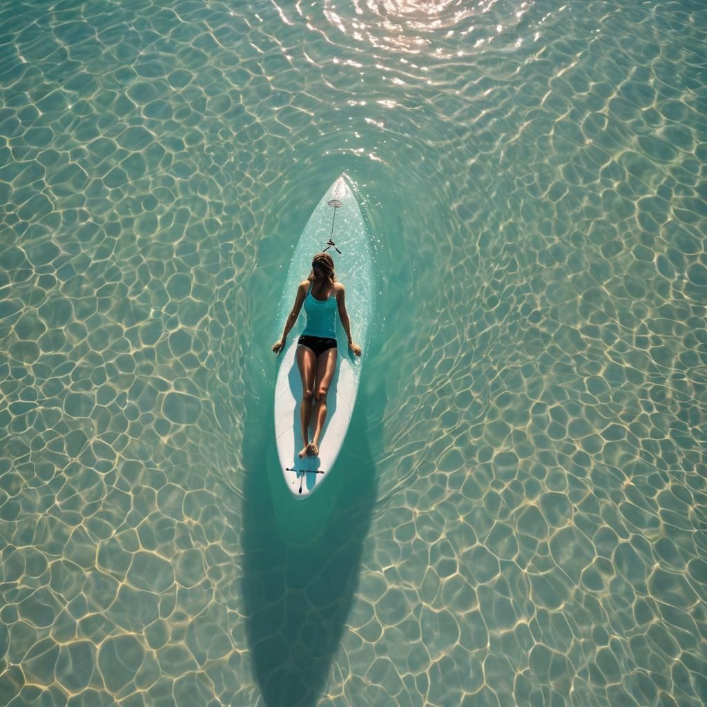 Girl on Surfboard in Calm Sea: Dreamy Serenity