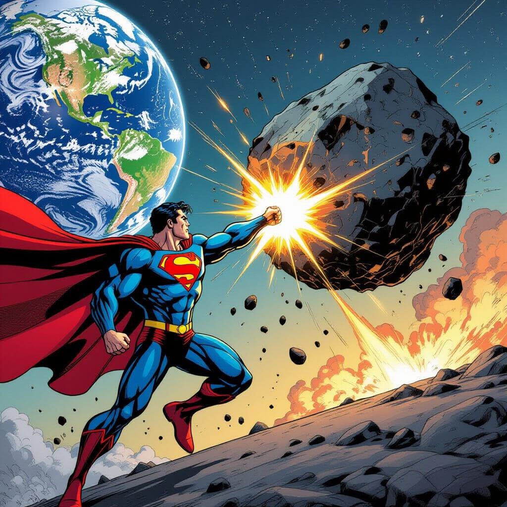 Superman Saves Earth from Asteroid in Comic Book Style