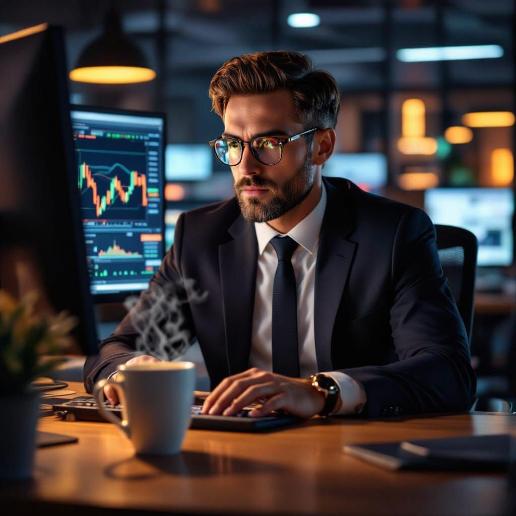 Man Trading Stocks With Coffee In Modern Office