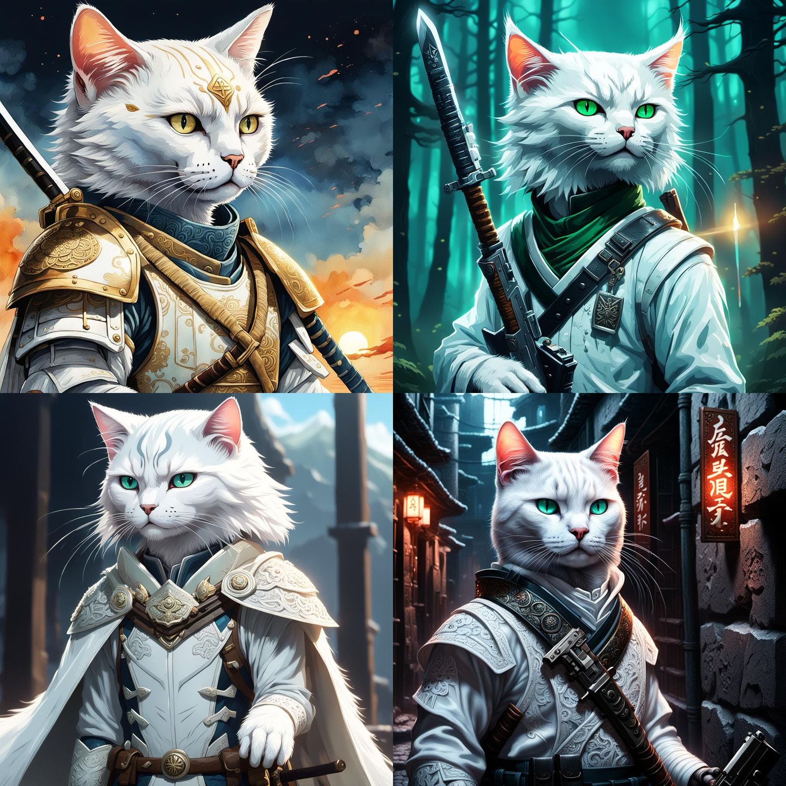 Anthropomorphic White Cat Warrior with Katana and Handgun