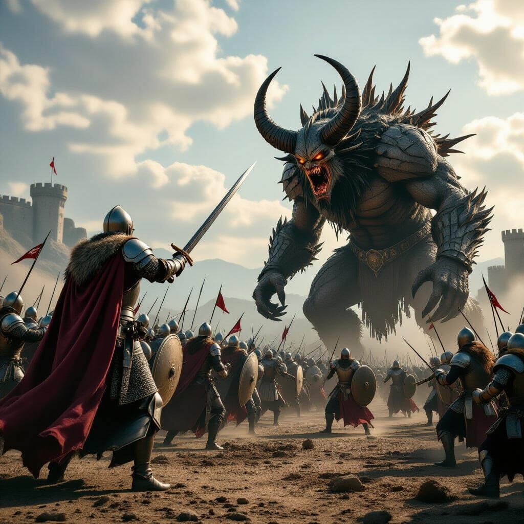 Knights Battle Gigantic Horned Monster in Epic Cinematic Sce...