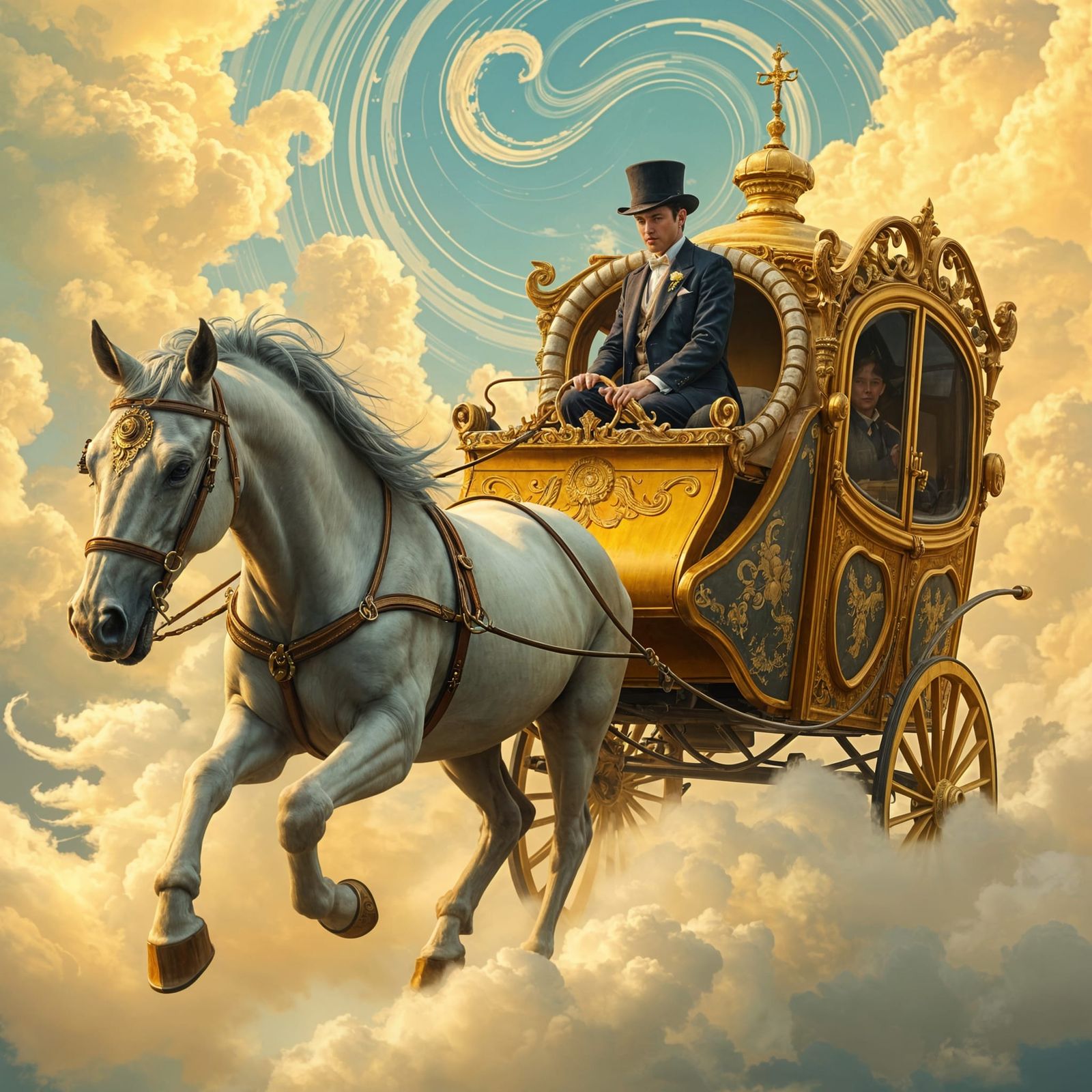 Ethereal Carriage Ride Amidst Whirling Clouds in Impressioni...