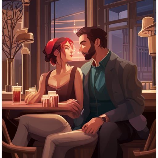 Romantic Couple in Cozy Cafe: Hyperdetailed Concept Art