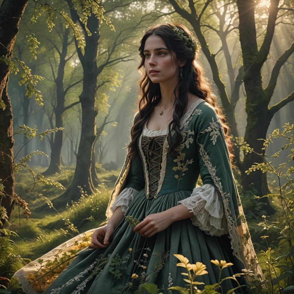 Spring Forest Sunrise with Woman in 18th Century Dress