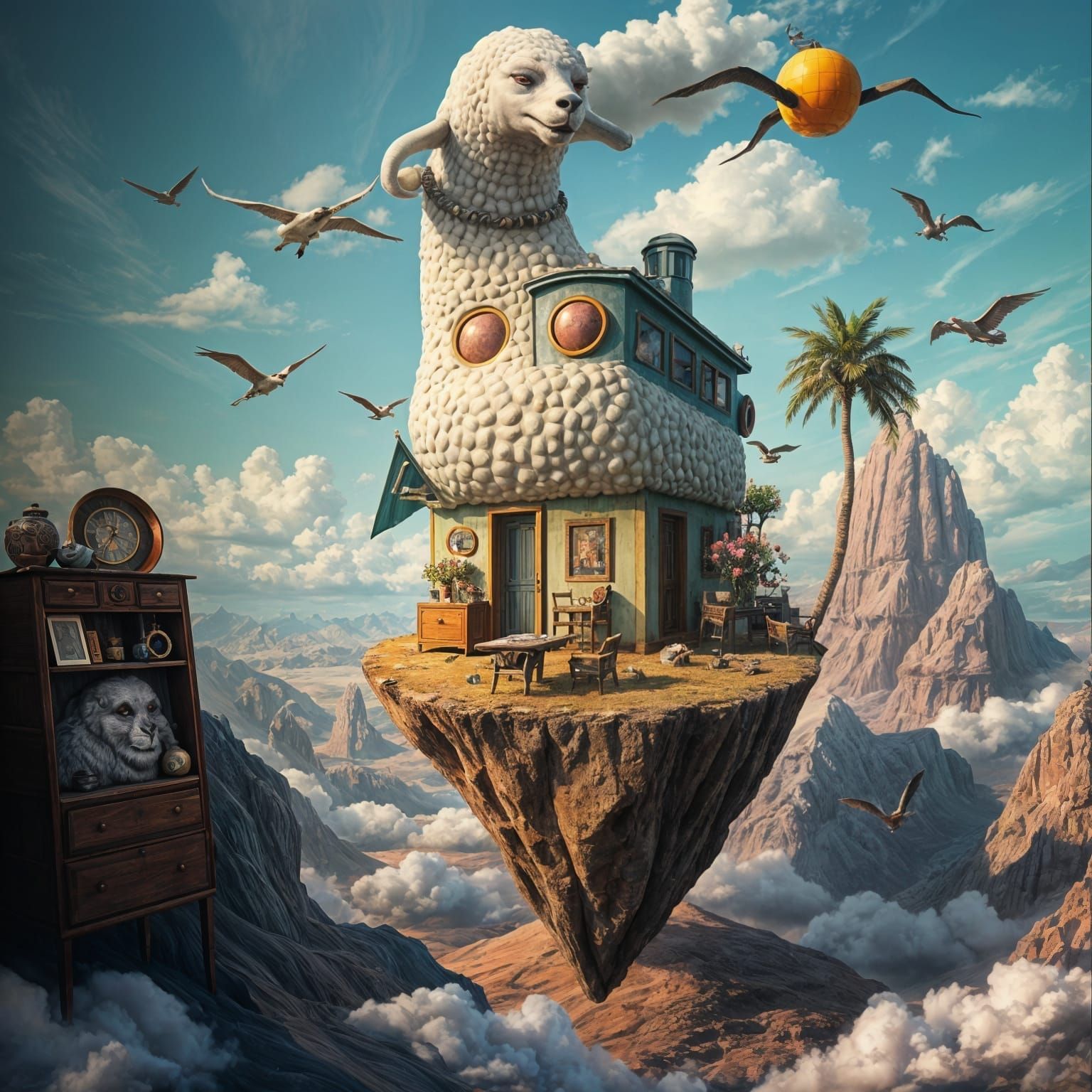 Surreal Flying Island with Lama and Pink-Eyed Figure