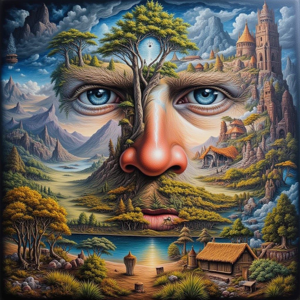Optical Illusion Portrait Painting in Hidden Face Style