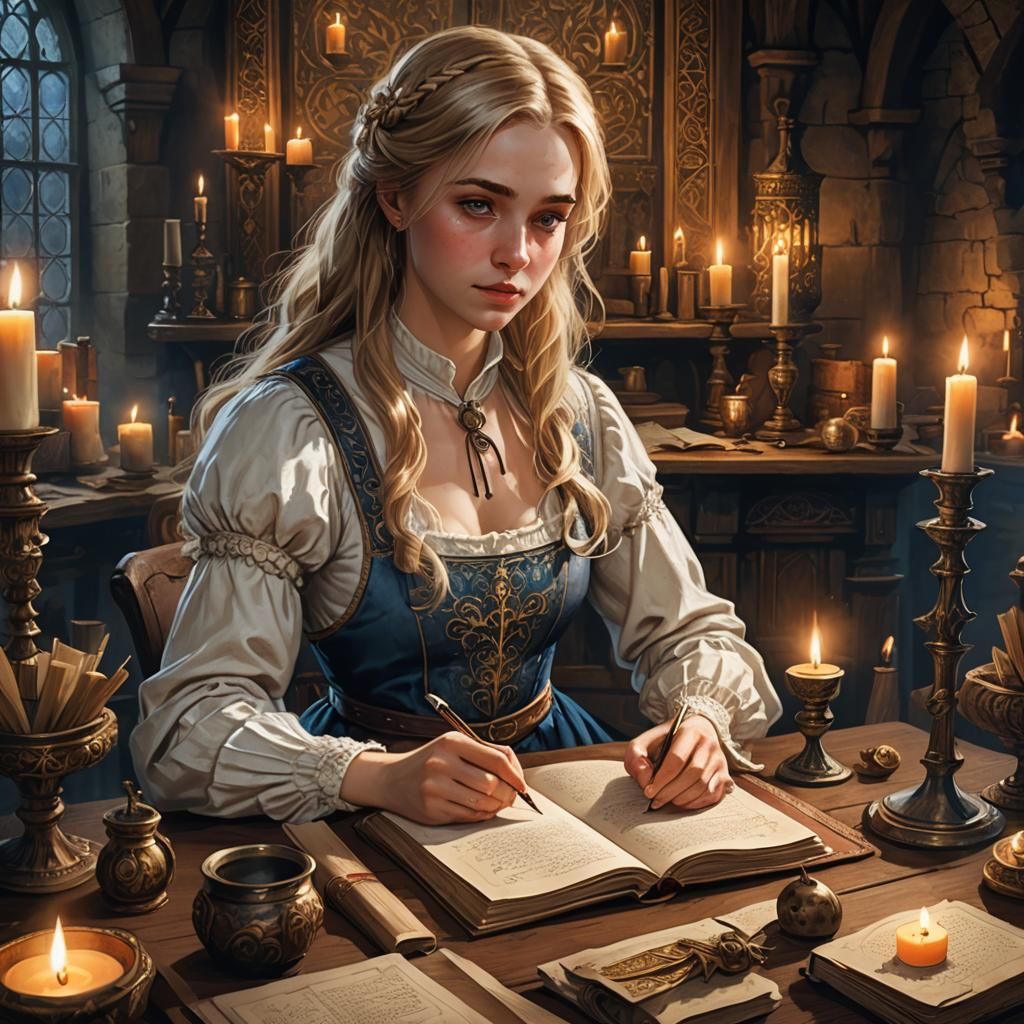 Medieval Woman Writing in Ornate Office: Fantasy Art