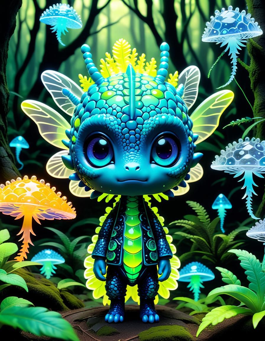 Mini Dragon Celebration in Bioluminescent Brain Forest