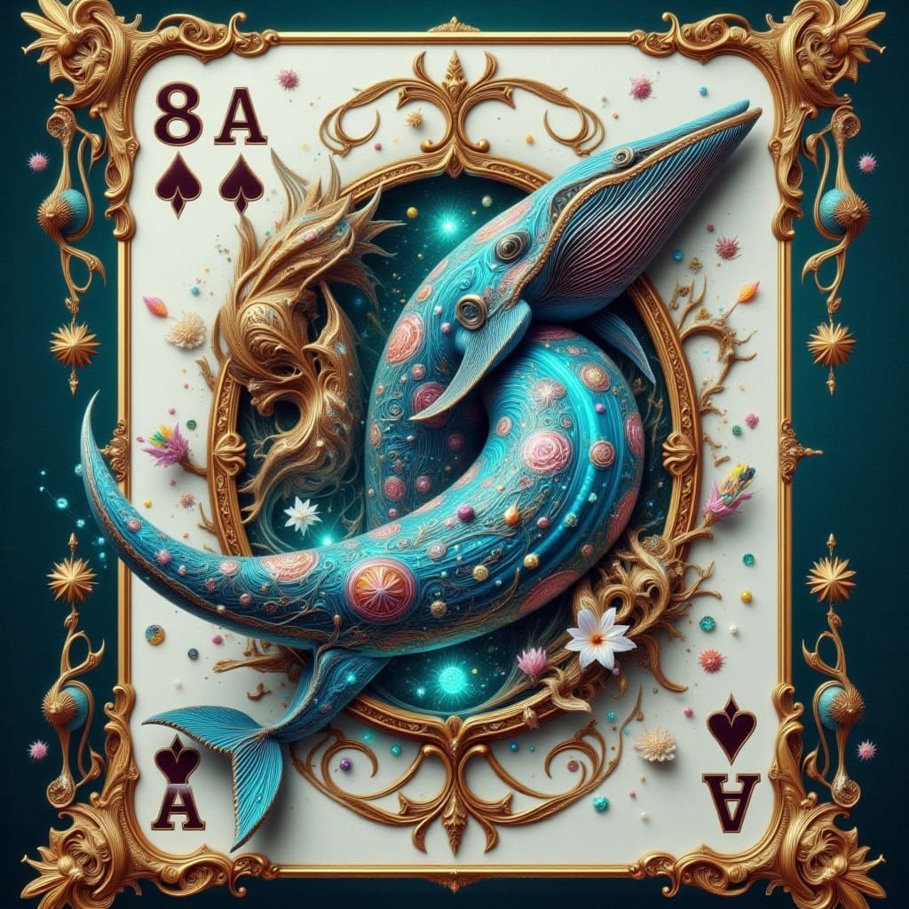 A Blue Whale Emerges from a Fantasy Playing Card in a Cyberp...