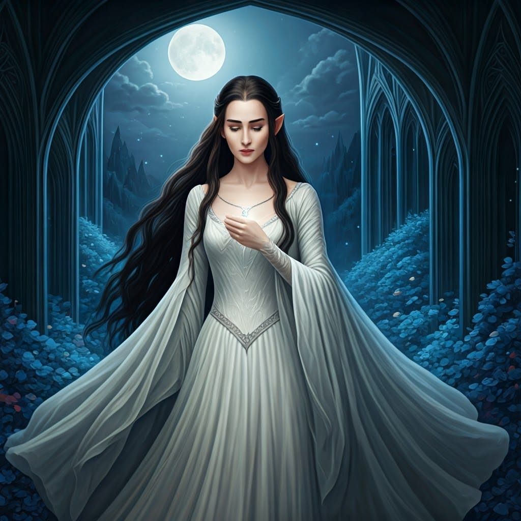 Arwen Evenstar in Moonlit Elven Realm, Watercolor Style