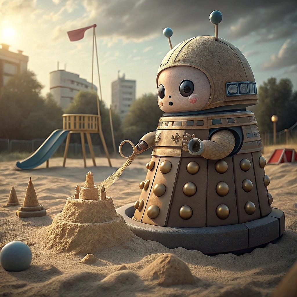 Cute Baby Dalek Builds Sandcastles in a Colorful Sandbox