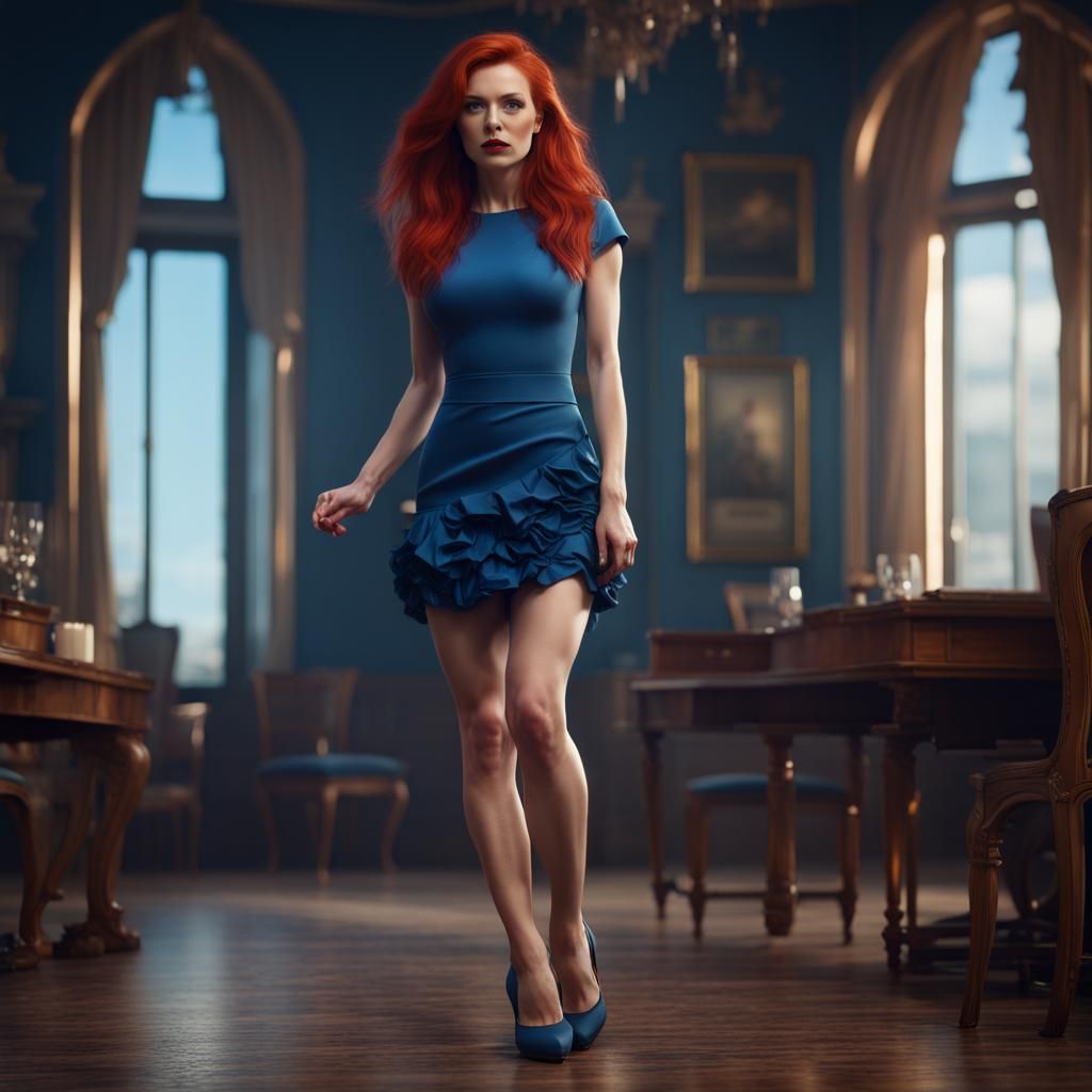 Hyperrealistic Redhead in Miniskirt, Detailed Digital Painti...