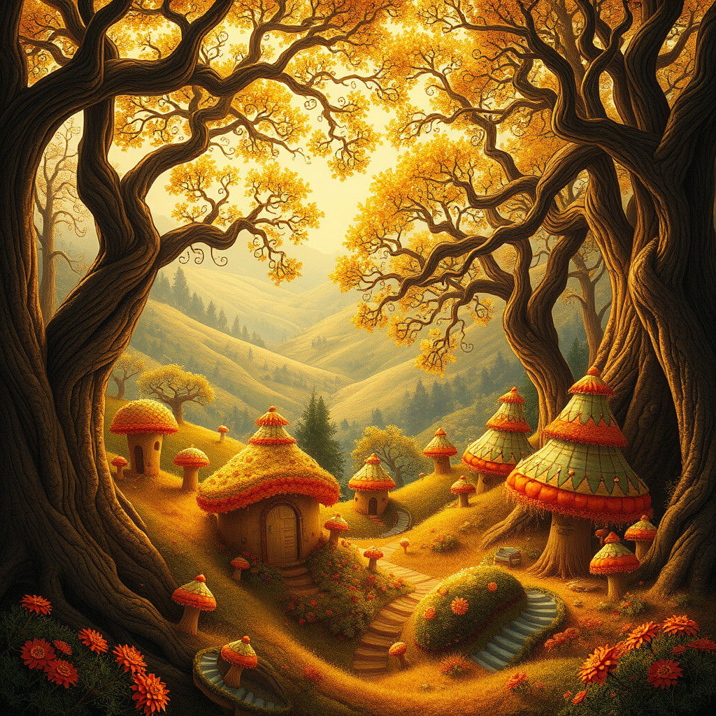Surreal Forest Landscape with Giant Mushrooms