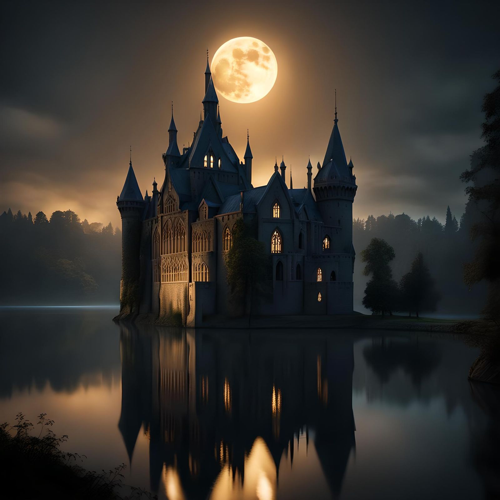 Gothic Castle Under Moonlight in Detailed Matte Painting