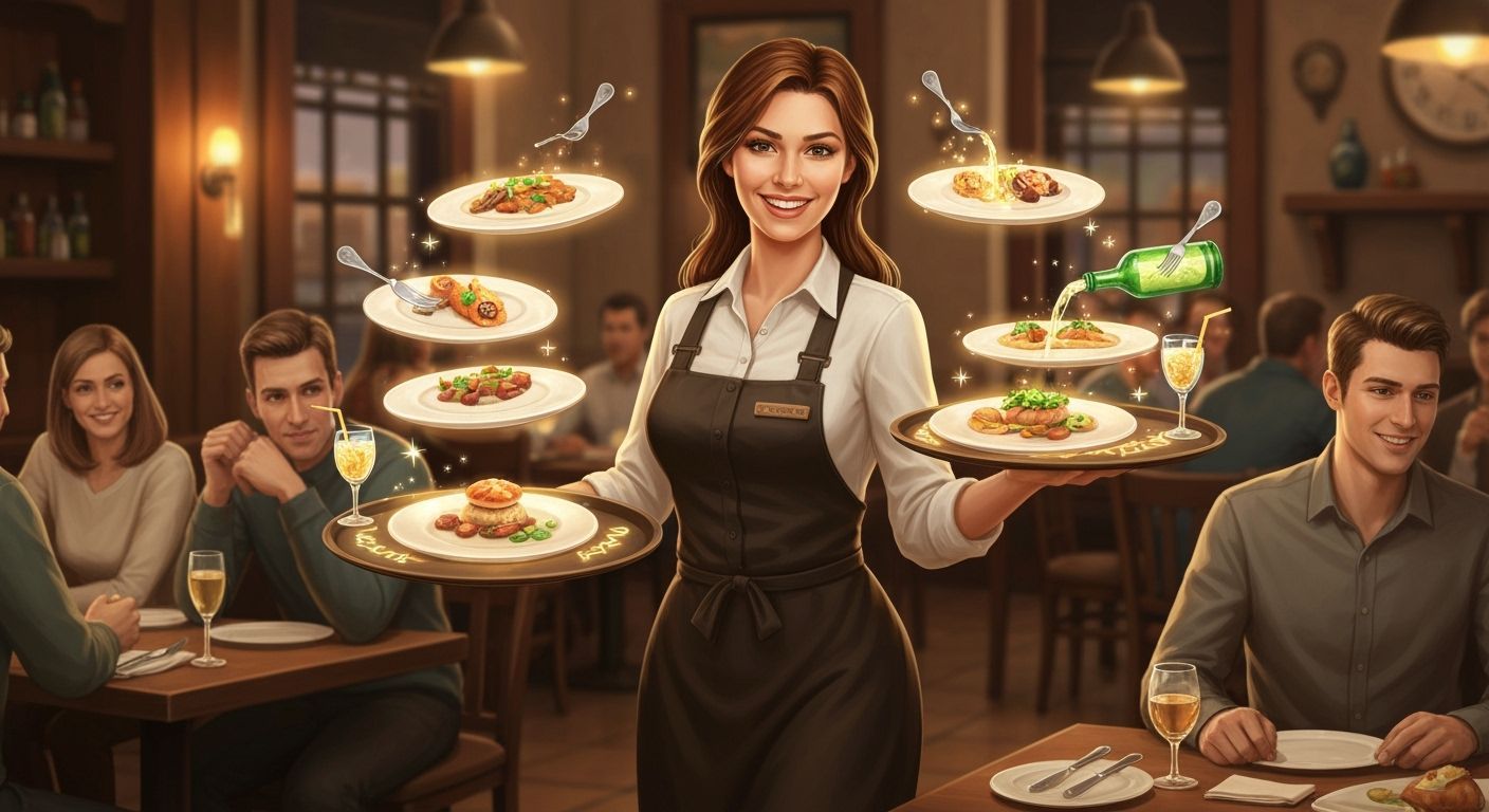 Magical Waitress Serving Floating Food in Enchanted Restaura...