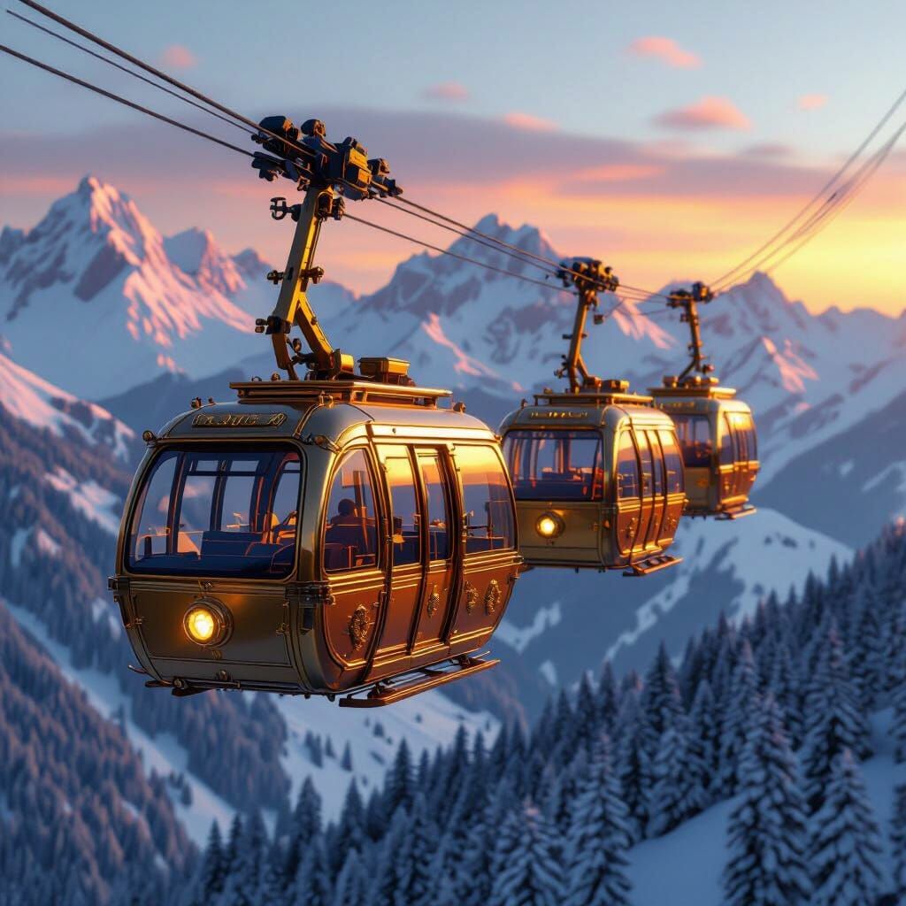 Victorian Cable Cars Ascend Snow-Capped Peaks at Twilight