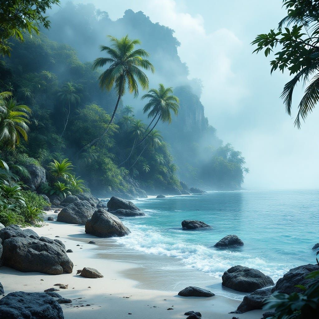 Vibrant Tropical Paradise in Mystical Morning Light